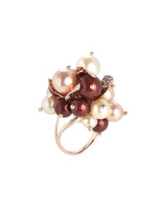 Ring with a bouquet of crystals and Swarovski beads aurorora boreal, bordeaux, light gold rose and peach