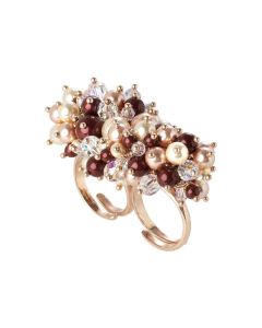 Anello doppio con bouquet di cristalli e perle Swarovski aurorora boreale, bordeaux, light gold e rose peach