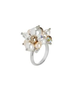 Ring with a bouquet of crystals and Swarovski beads aurora borealis, bronze, peach and white