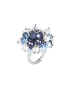 Anello con perle Swarovski night blue, light blue e bianche e cristalli