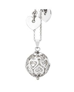 Necklace with boule of white rhinestones and perforated hearts