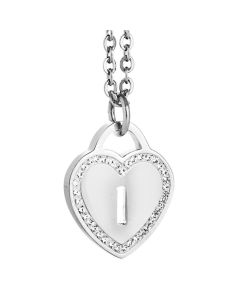 Rhodium plated necklace with heart and letter the perforated