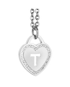 Rhodium plated necklace with heart and letter T perforated