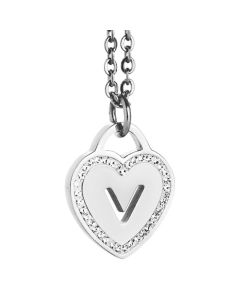 Rhodium plated necklace with heart and letter V perforated