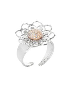 Ring with perforated mandala and zircons