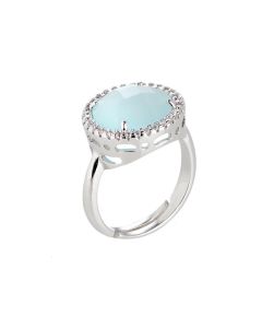 Ring with crystal aquamilk and zircons