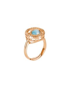 
Ring with cubic zirconia base and flecky celestial cabochon
