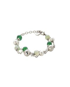 Bracelet with agate green and mix green, Swarovski beads white and balls scratched