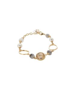 Golden Bracelet With Agate Gray, Swarovski beads and zircons