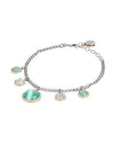 
Double strand bracelet with light blue and light blue flecked cabochons and zircons