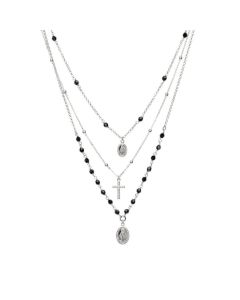 Multi-Strand necklace with medals sacred, Swarovski jet and zircons