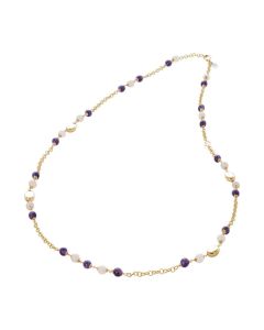 Golden necklace with loops of amethyst and rose quartz