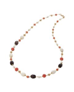 Collana con perle Swarovski coral e pietre agata white, agata white torchon e quarzo fumè torchon