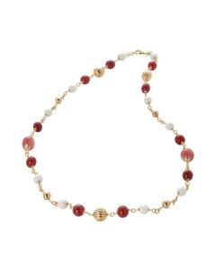 Golden necklace with agate strawberry-colored, cornelian agate and white