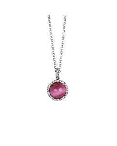 
Long necklace with flecked fuchsia cabochon and zircons