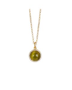
Long necklace with green olivine cabochon, flecked and cubic zirconia