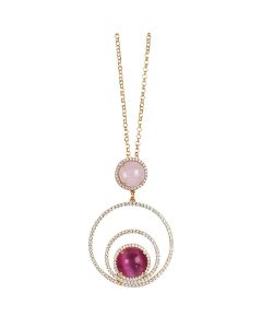 
Long necklace with concentric circles of cubic zirconia and cabochon light pink and fuchsia fuchsia