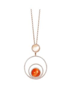 
Long necklace with concentric circles of zircons and beige and orange cabochon