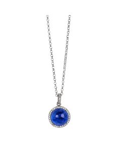 
Long necklace with rutilated blue cabochon hanging on a zirconia base