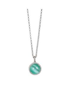 
Long necklace with water green cabochon pendant, flecked with zircons