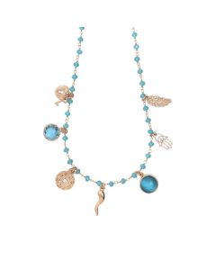 
Rosary necklace with Sky crystals and charms good luck theme