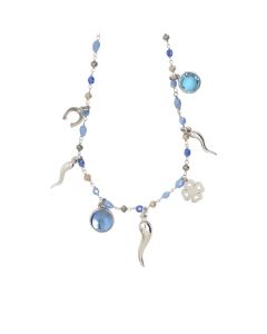Collana rosario con cristalli multicolor sfumature del blu e charms tema "fortuna"
