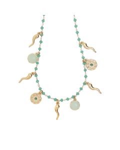 Collana rosario con cristalli verde acqua e charms tema "buona sorte"