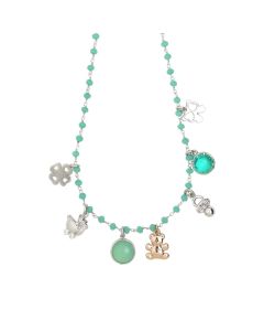 Collana rosario con cristalli verde acqua e charms tema "nascita"