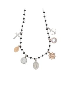Collana rosario con cristalli neri e charms tema "fede"