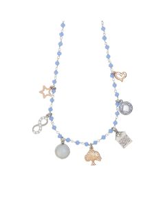 Collana rosario con cristalli azzurri e charms tema "famiglia"