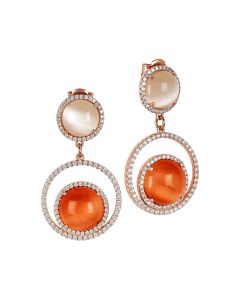 
Earrings with cubic zirconia and beige and orange cabochon